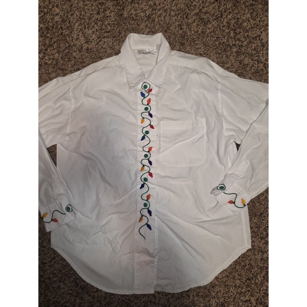 VTG Danielle Martin Christmas Lights Embroidered White Cotton Blouse Shirt Sz 12
